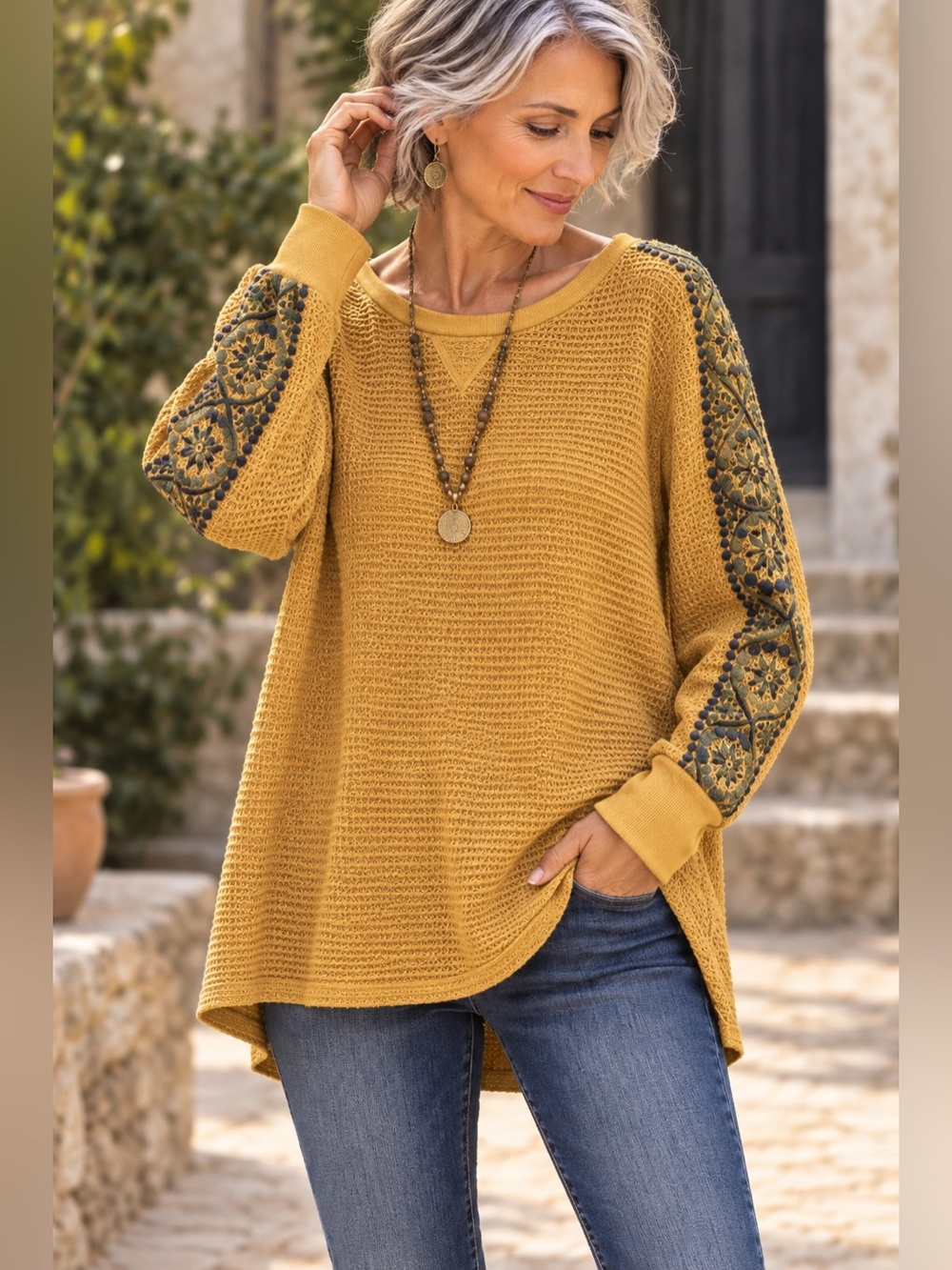 Sundance Mustard Waffle Knit Tunic Top Embroidered Sleeve Boho Artisan Large